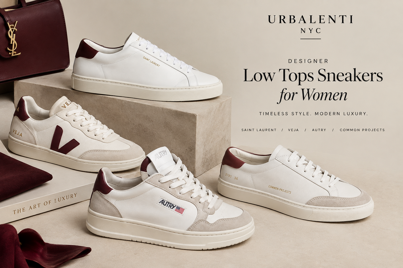 Designer Low Tops Sneakers for Women collection featuring white, burgundy, and neutral luxury low-top sneakers styled with a designer handbag. Designer Low Tops Sneakers for Women | Shop today at Urbalenti NYC