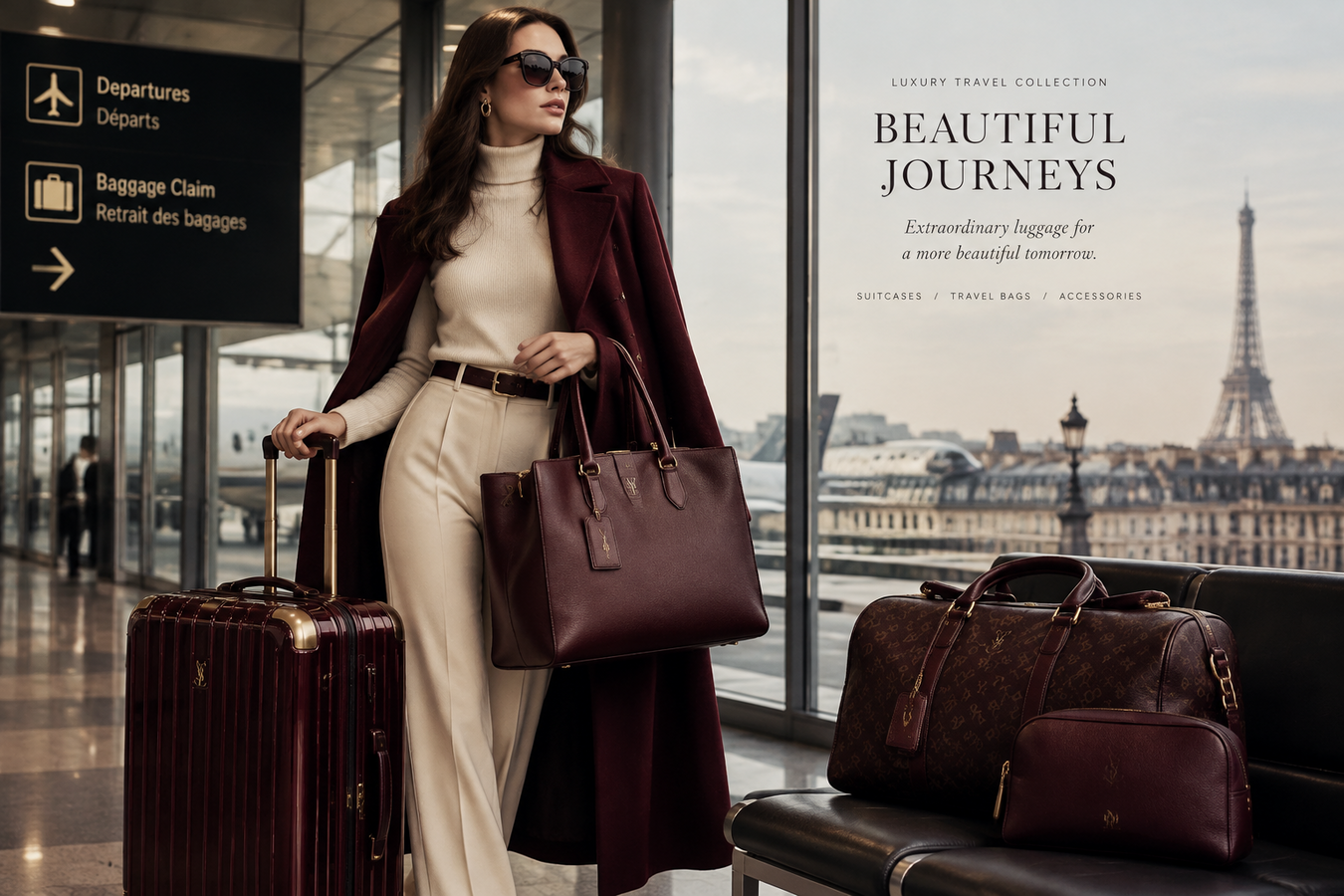 Stylish woman traveling through a Paris airport with designer rolling luggage, leather tote, and weekender bag by the Eiffel Tower — Designer Luggage and Travel for Women — Shop Now at Urbalenti NYC