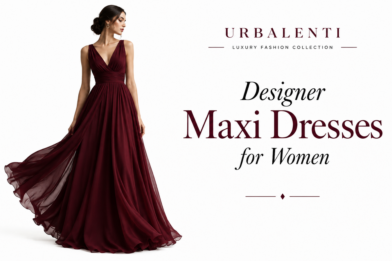Elegant woman wearing a flowing burgundy evening gown in a promotional image for Designer Maxi Dresses for Women. Shop Designer Maxi Dresses for Women at Urbalenti NYC.