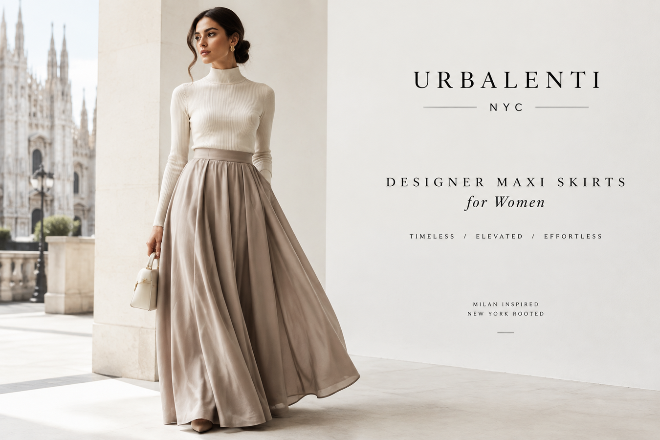 Elegant woman wearing a flowing taupe maxi skirt and cream sweater beside a grand European cathedral, showcasing Designer Maxi Skirts for Women – Shop Now at Urbalenti NYC