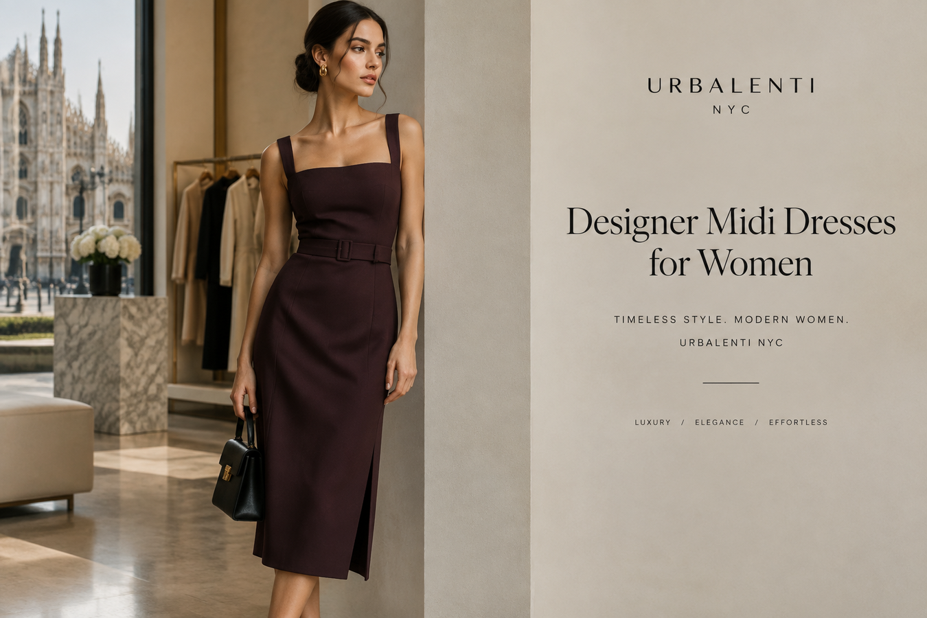 Designer Midi Dresses for Women - Shop at Urbalenti NYC for an elegant burgundy fitted midi dress showcased in a luxury boutique setting.