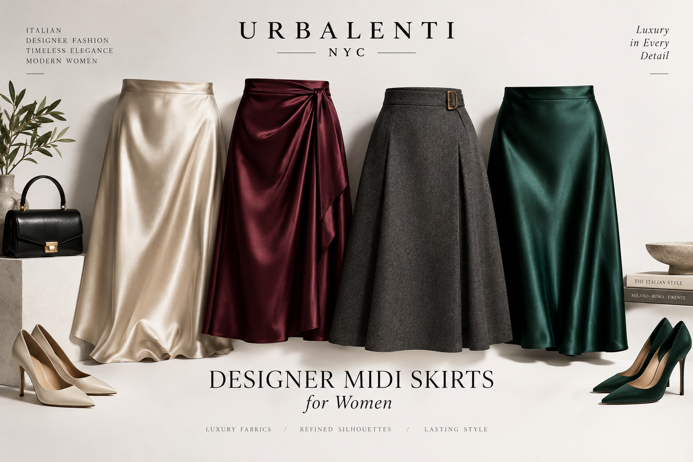 Designer Midi Skirts for Women in cream, burgundy, charcoal, and emerald green displayed with coordinating accessories; Shop Designer Midi Skirts for Women at Urbalenti NYC.