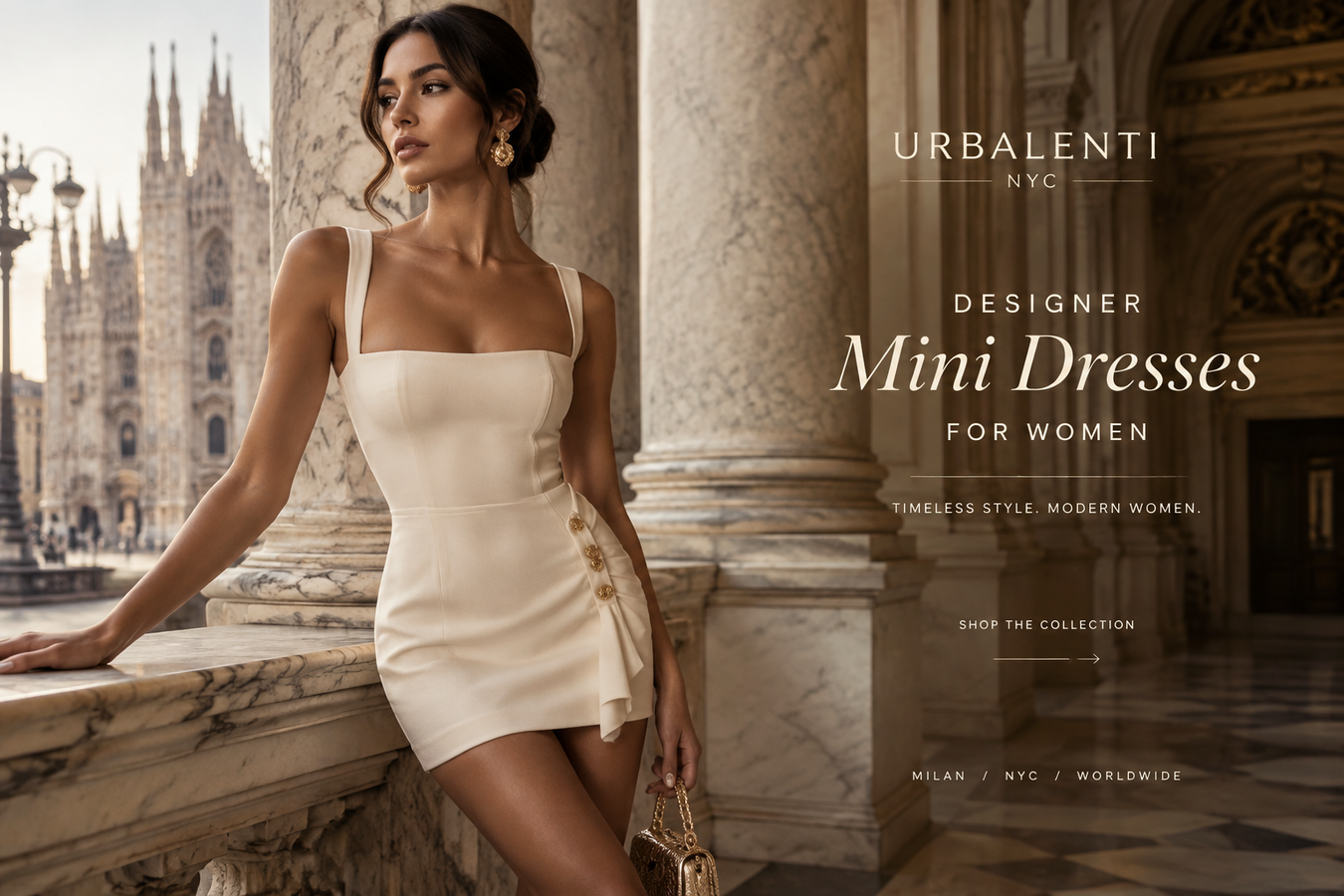 Elegant woman wearing an ivory designer mini dress in a grand Milanese architectural setting, featuring the Designer Mini Dresses for Women collection. Shop Designer Mini Dresses for Women at Urbalenti NYC.
