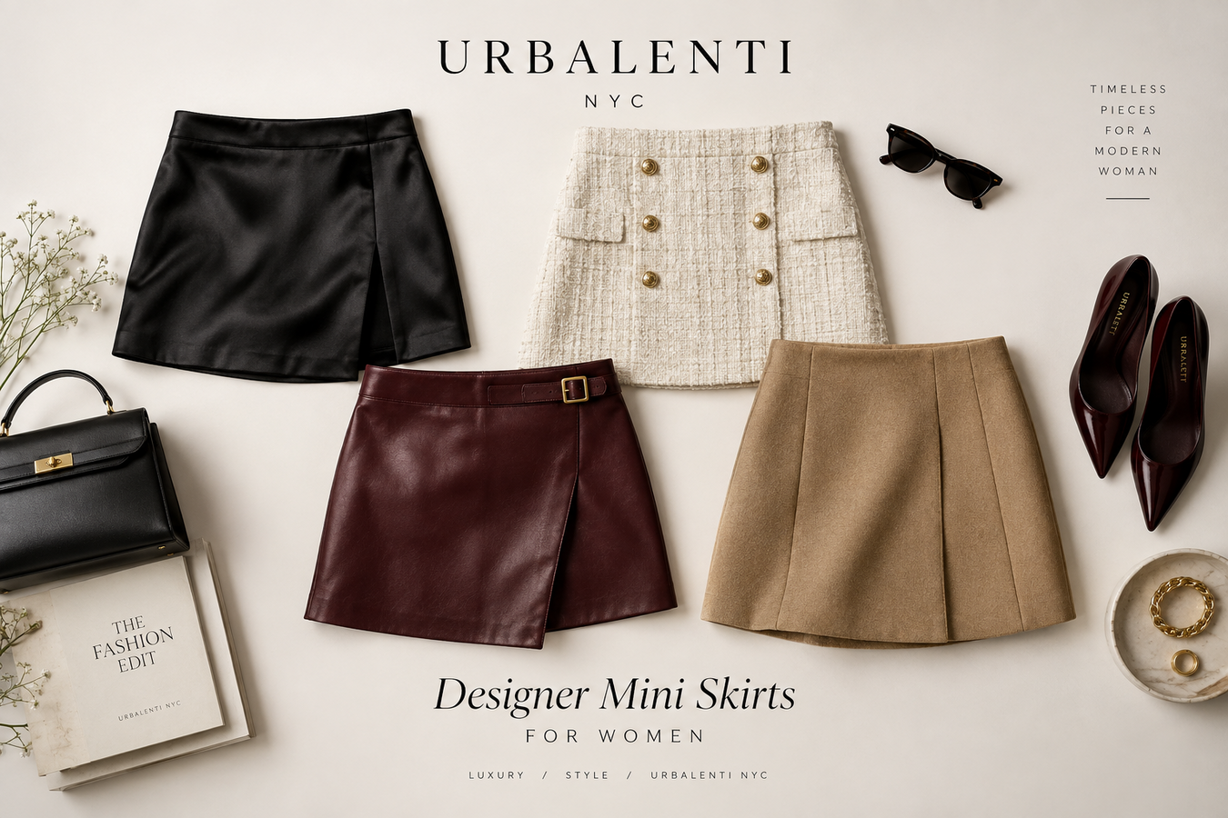 Designer Mini Skirts for Women collection featuring black leather, burgundy, ivory tweed, tan wool, and brown pleated mini skirts with luxury accessories. Shop Designer Mini Skirts for Women at Urbalenti NYC.