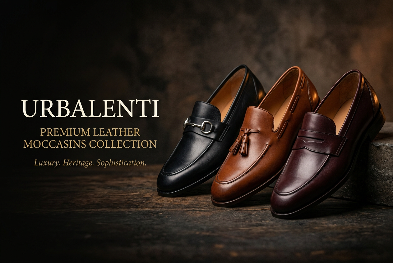 Designer Moccassins for Men featuring three premium leather loafers in black, brown, and burgundy, perfect for luxury styling—Shop online Designer Moccassins for Men shipped from Italy at Urbalenti.