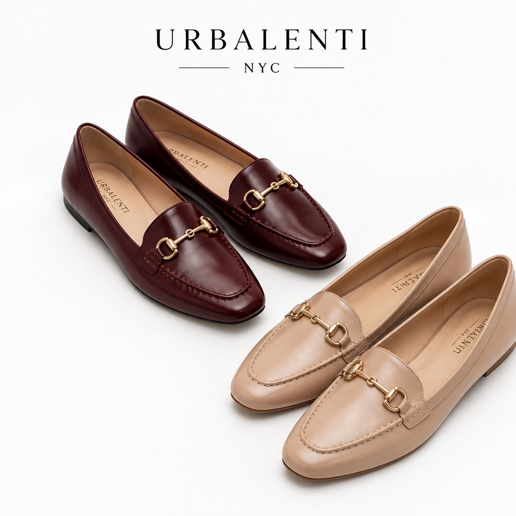 Designer Moccassins for Women featuring burgundy and beige leather loafers with elegant gold horsebit details, displayed on a white background. Shop Now: Designer Moccassins for Women at Urbalenti NYC.