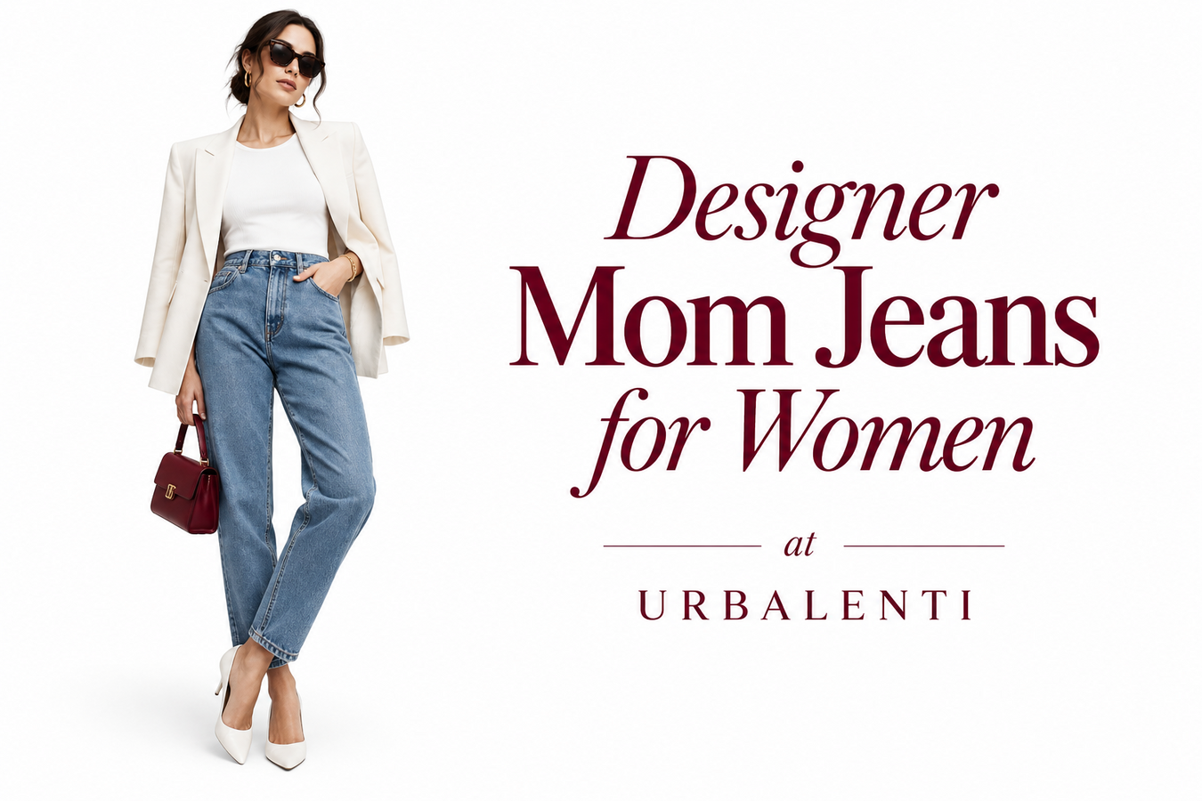 Designer Mom Jeans for Women – Shop Now at Urbalenti. Stylish model wearing high-waisted blue mom jeans with a white blazer and heels.