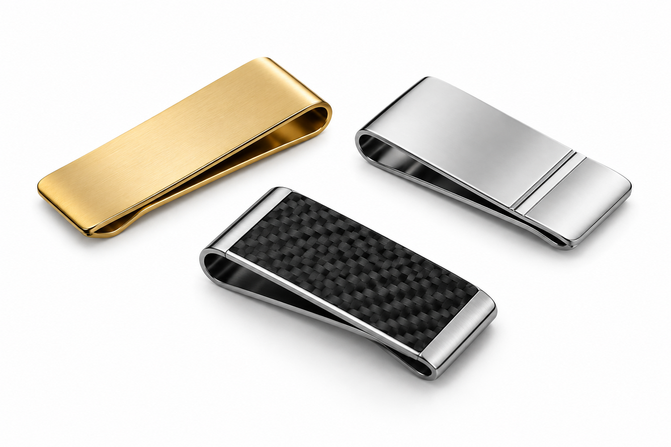 Designer Money Clips for Men featuring gold, silver, and black carbon fiber money clips on a white background. Shop Designer Money Clips for Men at Urbalenti NYC.