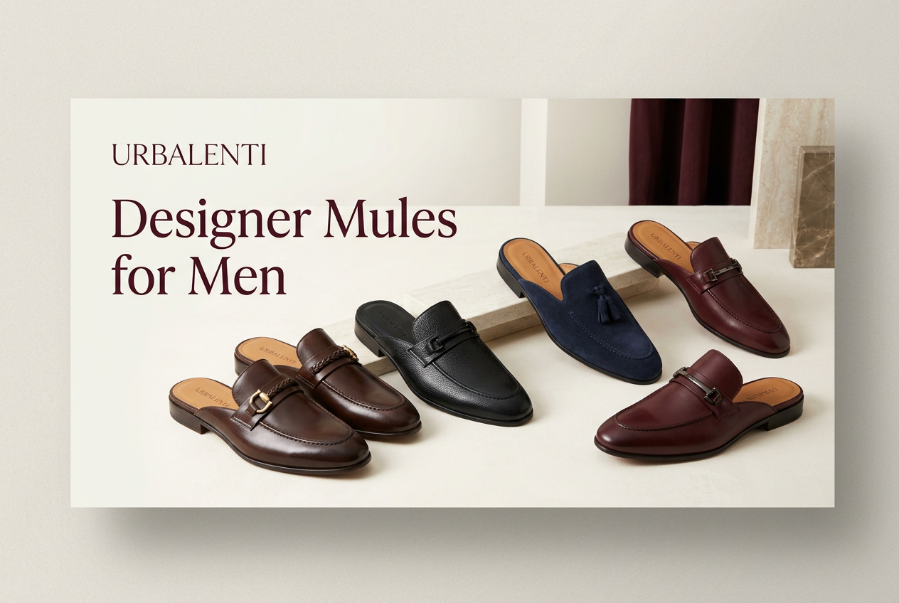 Designer Mules for Men collection featuring brown, black, navy, and burgundy leather slip-on mules displayed in a stylish setting—Shop Online Designer Mules for Men at Urbalenti.