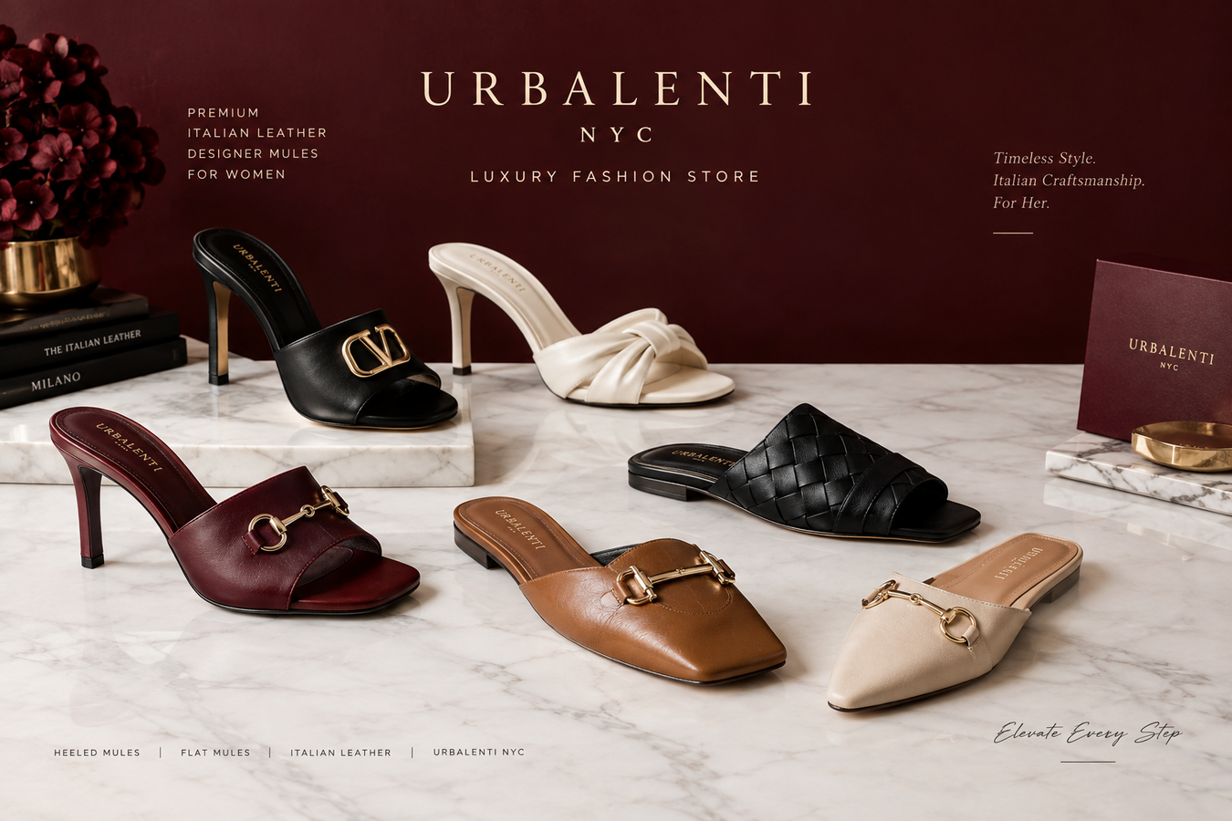 Designer Mules for Women – Shop Now at Urbalenti NYC, featuring a curated collection of black, white, brown, burgundy, beige, and woven leather luxury mule shoes displayed on a marble surface.