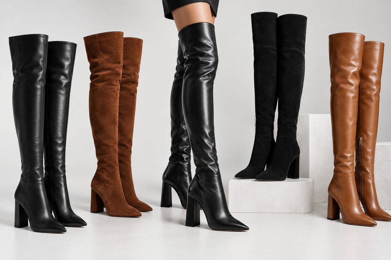 Designer Over The Knee Boots for Women in black, brown, and tan leather styles displayed in a stylish studio setting—Designer Over The Knee Boots for Women | Shop today at Urbalenti NYC