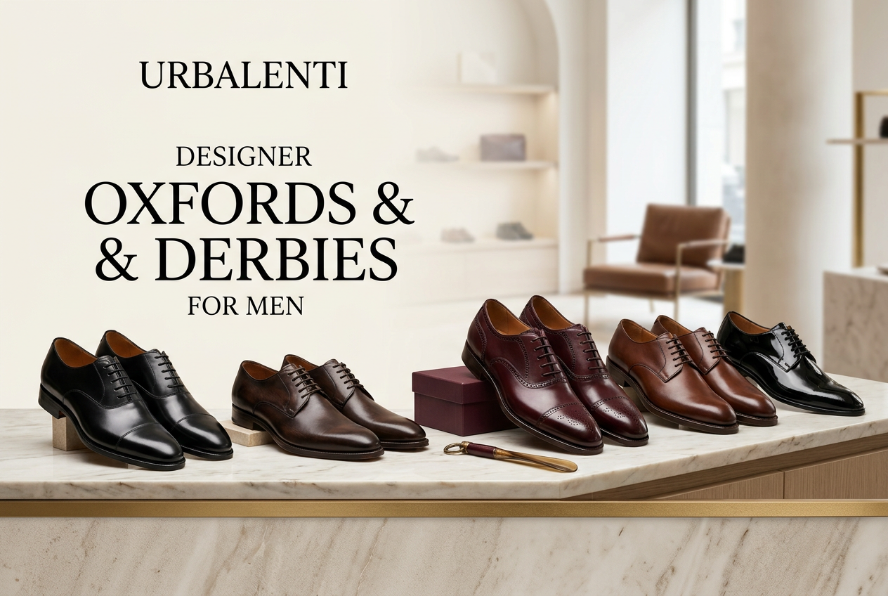 Designer Oxfords and Derbies for Men by Urbalenti, featuring black, brown, and burgundy leather dress shoes displayed in a stylish showroom; Shop online Designer Oxfords and Derbies for Men at Urbalenti shipped from Italy.