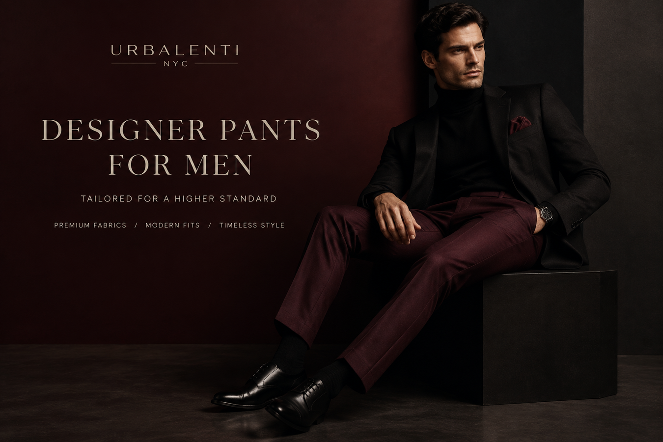 Stylish man wearing burgundy designer trousers with a black blazer and turtleneck in a luxury fashion setting—Men's Designer Pants from Urbalenti NYC. Shop Men's Designer Pants Now at Urbalenti NYC.