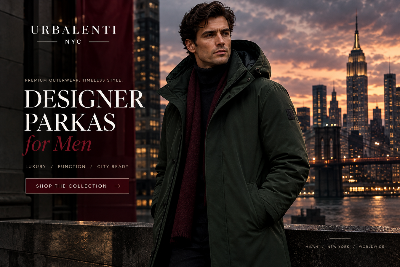 Designer Parkas for Men featuring a stylish man in a dark green hooded parka against the New York City skyline at sunset—Shop Designer Parkas for Men | Urbalenti NYC
