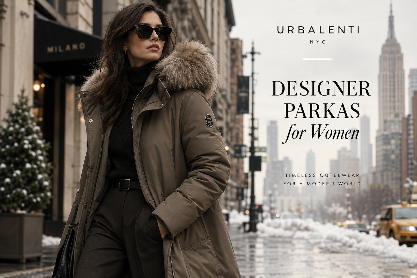 Woman wearing a luxurious fur-trimmed taupe parka on a snowy New York City street, showcasing Designer Parkas for Women | Shop Now at Urbalenti NYC