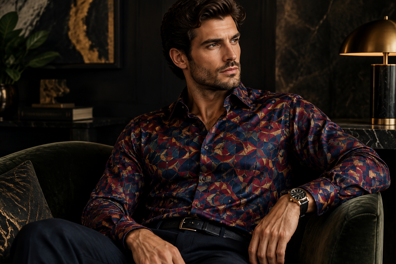 Stylish man wearing a dark multicolor geometric patterned shirt in a luxury interior, showcasing Designer Pattern Shirts for Men. Shop Designer Pattern Shirts for Men at Urbalenti NYC.