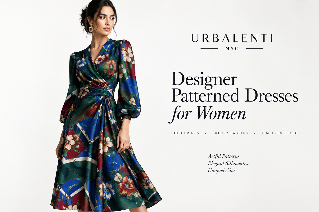 Woman wearing a blue floral patterned wrap dress in a luxury fashion collection graphic for Designer Patterned Dresses for Women. Shop Designer Patterned Dresses for Women at Urbalenti NYC.