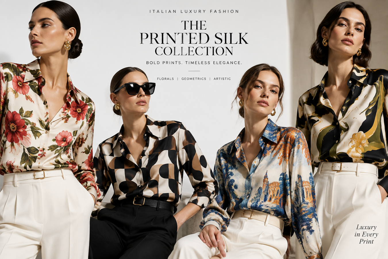 Designer Patterned Shirts for Women featuring four models in luxurious floral, geometric, and abstract silk shirts; Shop Designer Patterned Shirts for Women at Urbalenti NYC.