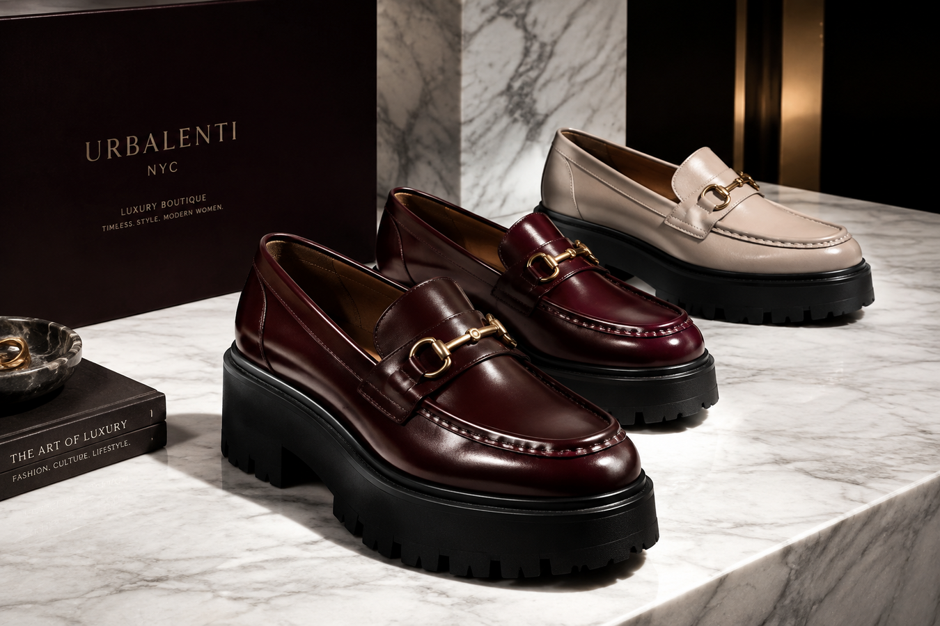 Designer Platform Loafers for Women featuring burgundy, black, and beige leather lug-sole loafers displayed on a marble surface — Designer Platform Loafers for Women | Shop at Urbalenti NYC