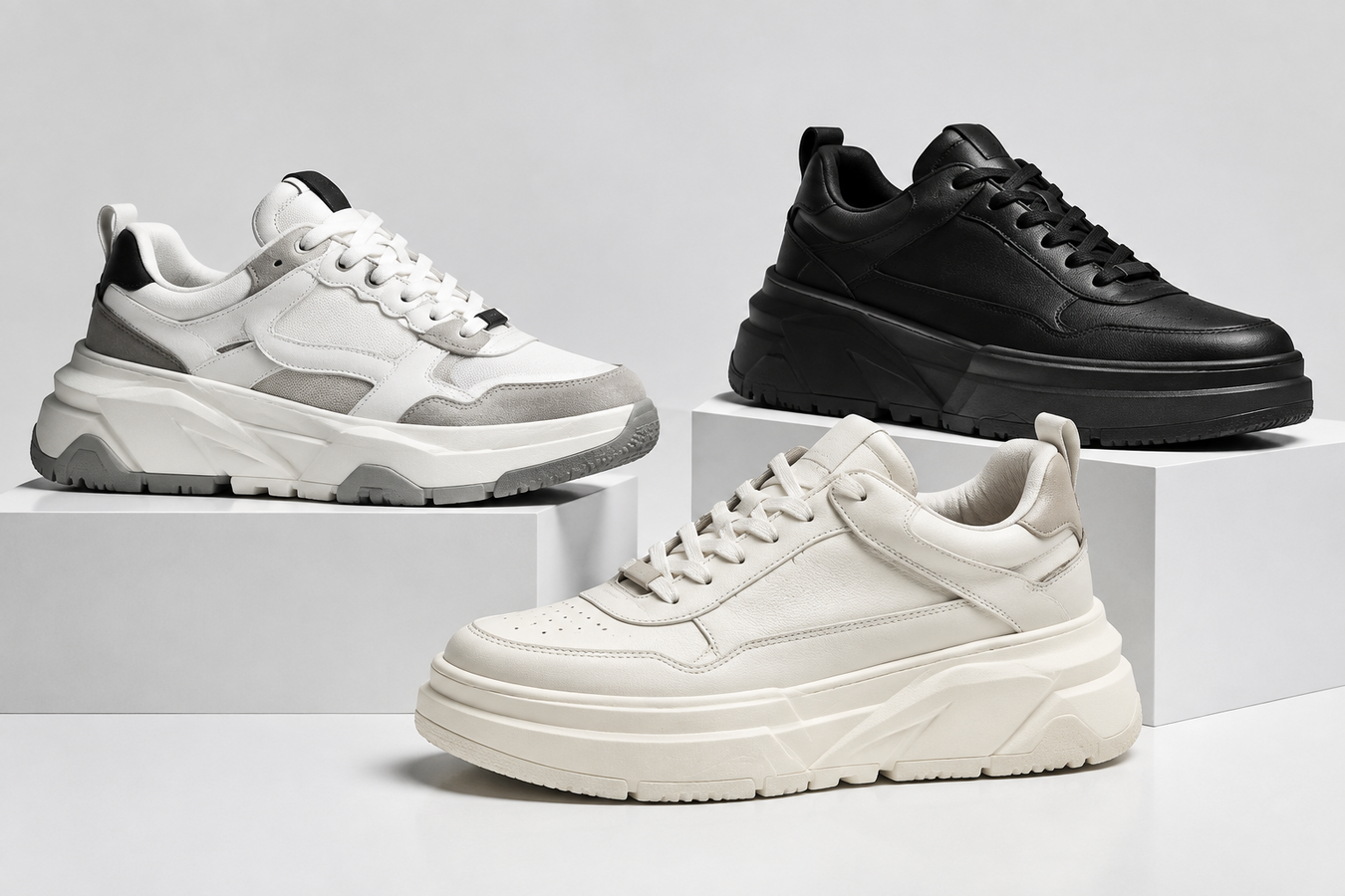 Designer Platform Sneakers for Men featuring white, black, and cream leather sneakers displayed on modern pedestals; Shop Designer Platform Sneakers for Men at Urbalenti NYC.