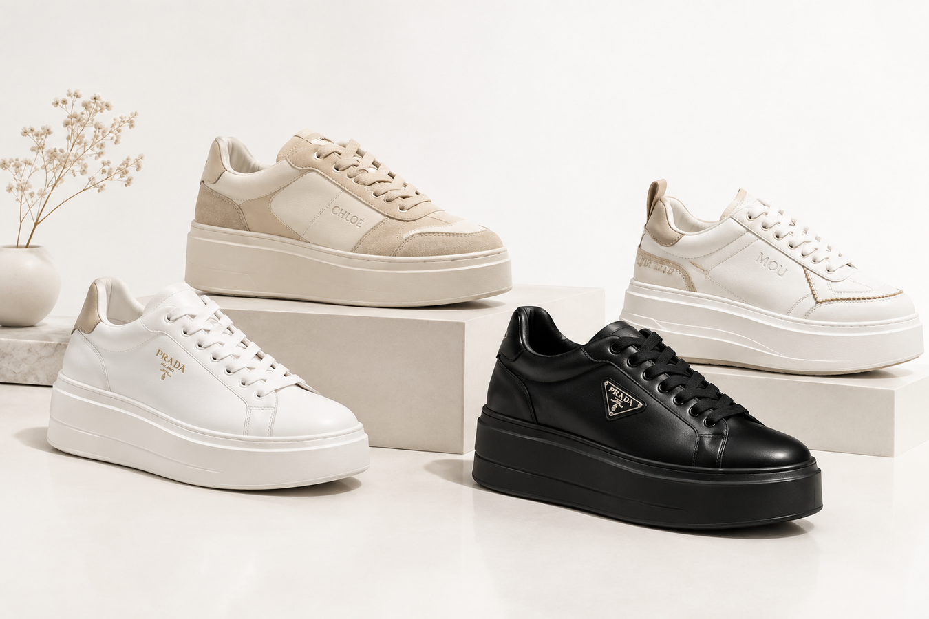 Designer Platform Sneakers for Women featuring luxury white, beige, and black leather styles arranged in a modern display; shop Designer Platform Sneakers for Women at Urbalenti NYC.
