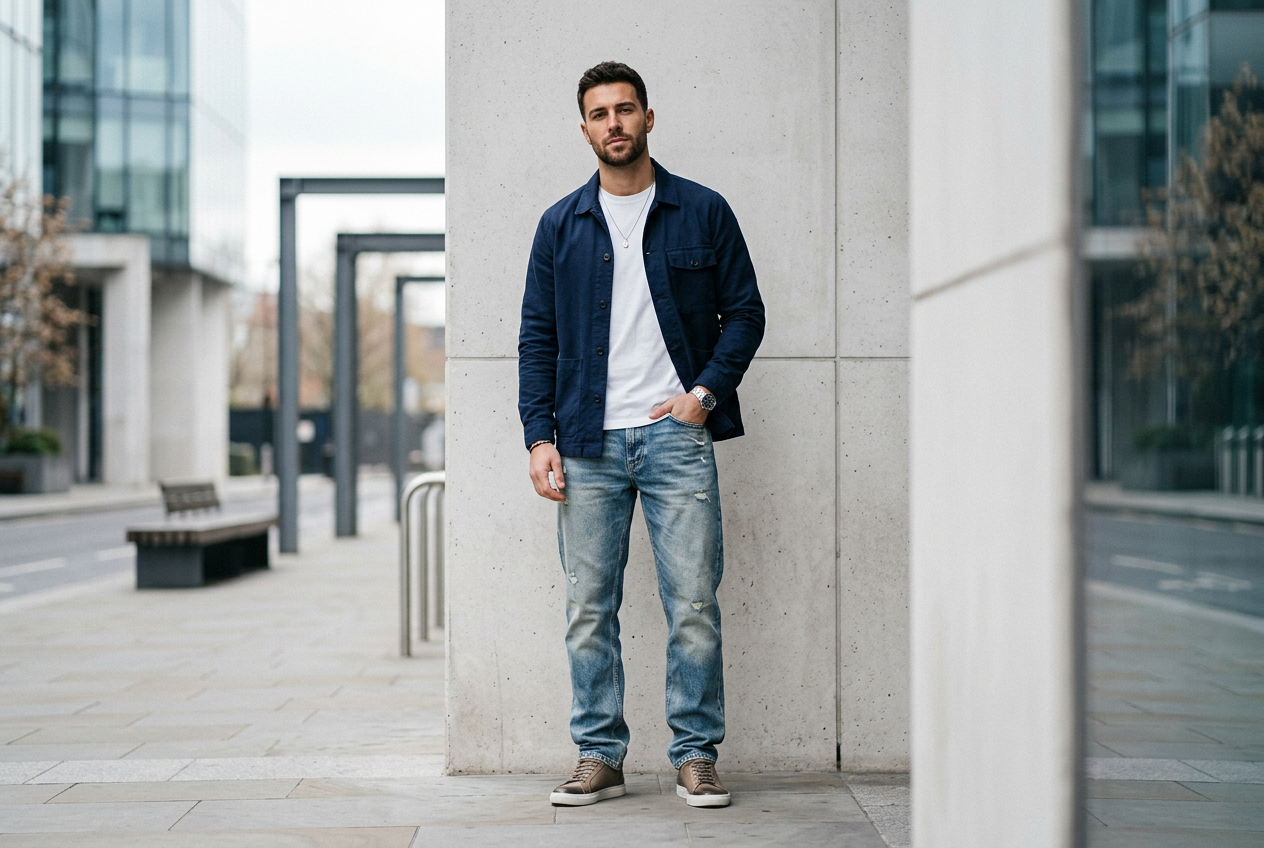 Man wearing casual blue denim in an urban setting, showcasing Designer Relaxed Fit Jean for Men; Shop Designer Relaxed Fit Jean for Men at urbalenti