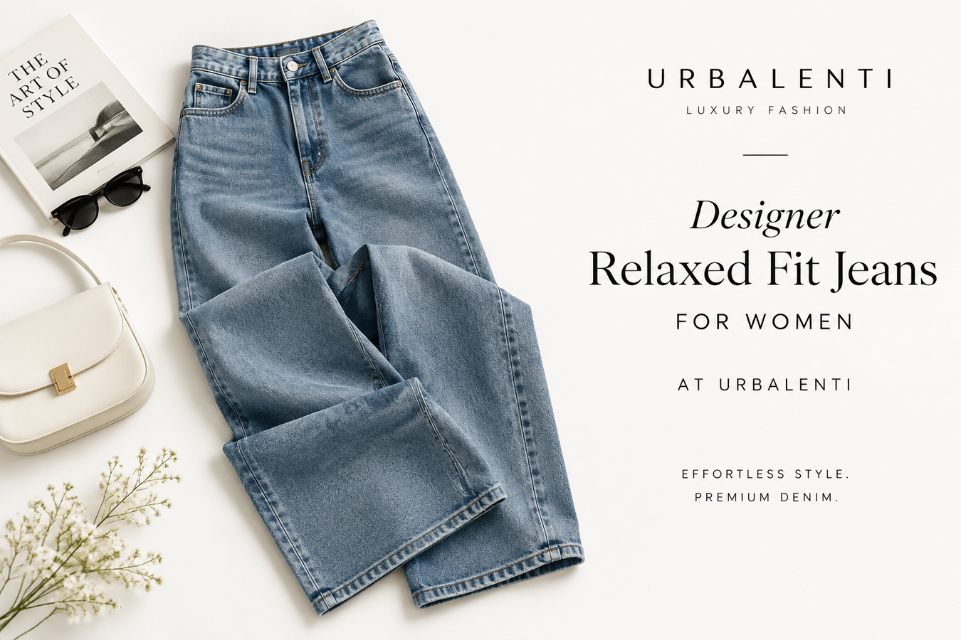 Blue denim jeans styled in a relaxed silhouette with cuffed hems, featured in Designer Relaxed Fit Jeans for Women | Urbalenti collection.