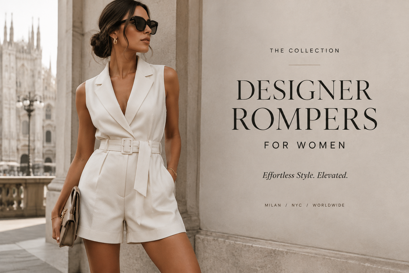 Designer Rompers for Women featuring a sophisticated ivory belted romper styled with sunglasses on a city street – Shop Now at Urbalenti NYC