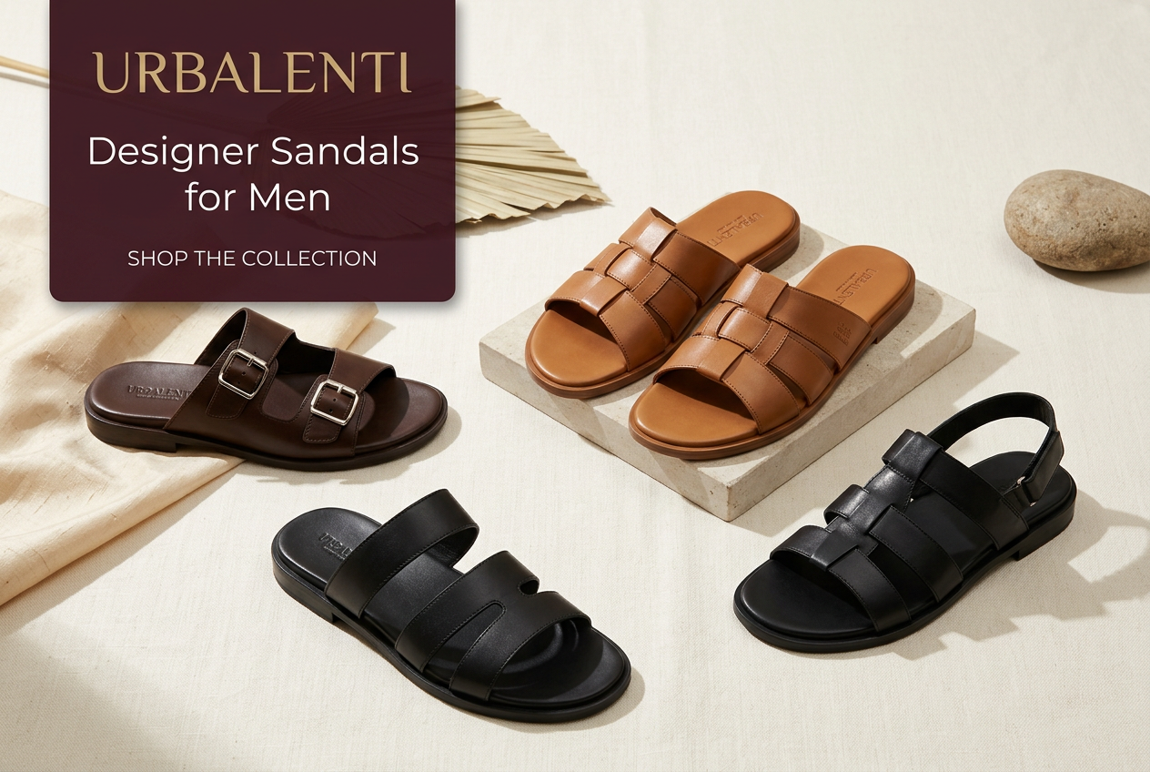Designer Sandals for Men collection featuring brown leather slides and black flat sandals arranged on a neutral background. Shop online Designer Sandals for Men shipped from Italy at Urbalenti.