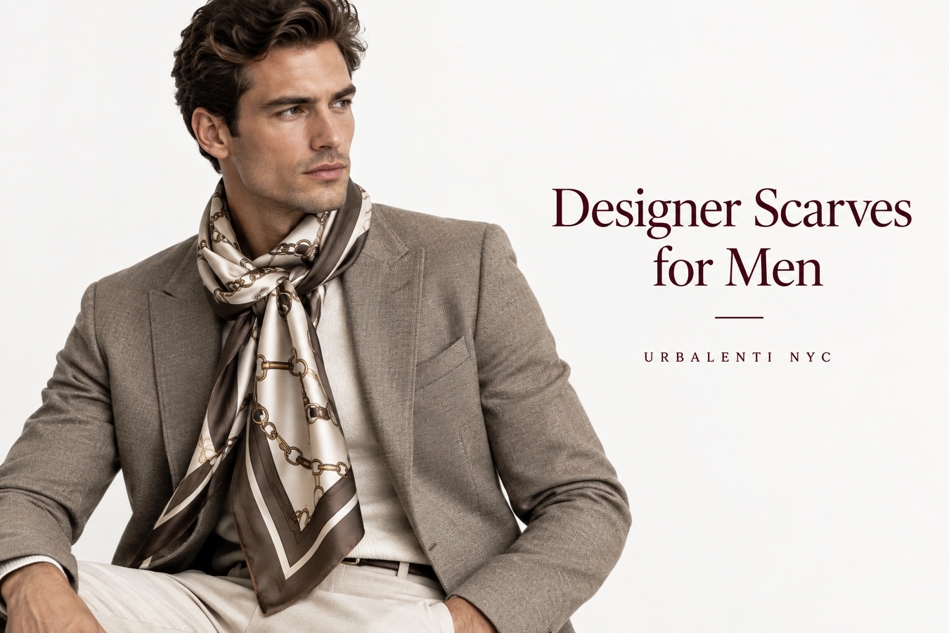 Man wearing a luxurious patterned designer scarf with a tailored blazer, promoting Designer Scarves for Men—Shop Designer Scarves for Men at Urbalenti NYC.