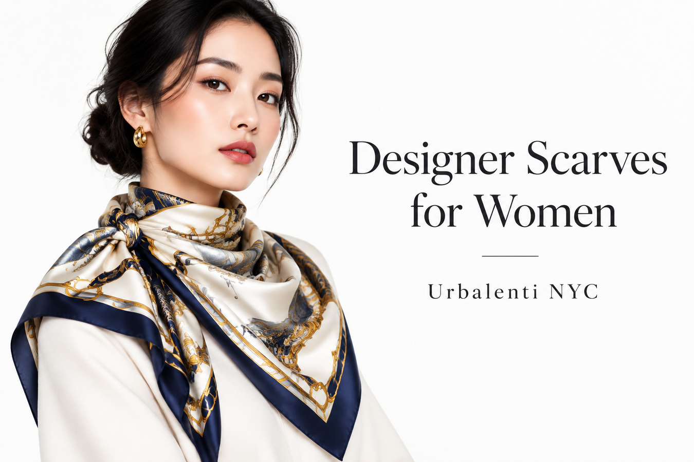 Woman wearing a luxurious multicolor designer scarf with navy and gold accents, featured in the Designer Scarves for Women collection—Shop Designer Scarves for Women at Urbalenti NYC.