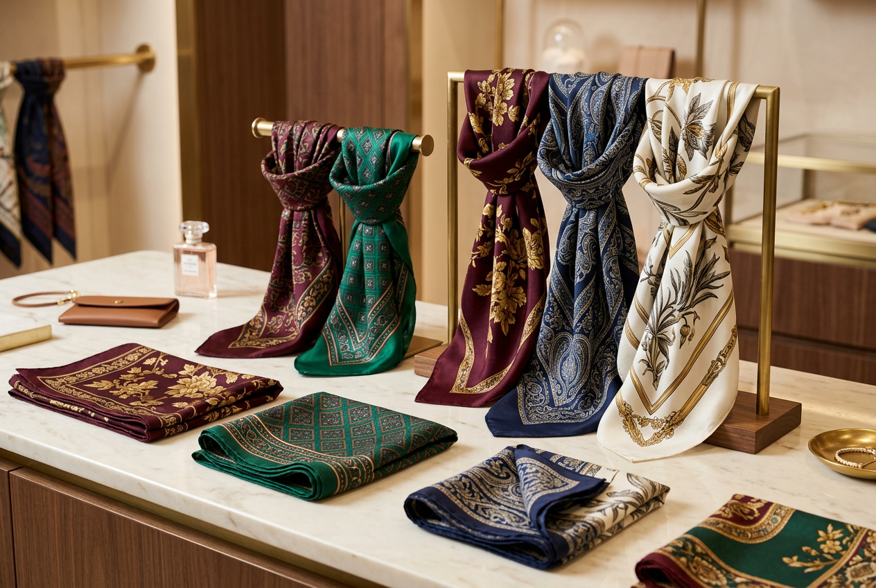 Designer Scarves collection featuring luxurious silk and wool scarves in burgundy, emerald, navy, and ivory displayed on a boutique counter—Shop Designer Scarves for Men and Women at Urbalenti.