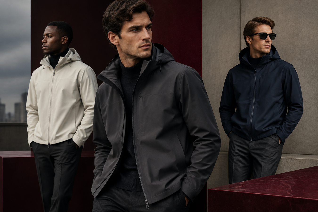 Three men wearing modern black, beige, and navy shell jackets from the Designer Shell Jackets for Men collection. Shop Designer Shell Jackets for Men – now online at Urbalenti NYC.