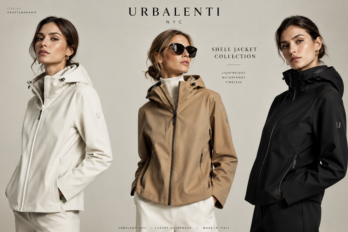 Three women model cream, tan, and black designer shell jackets in a collection editorial for Designer Shell Jackets for Women — Shop Designer Shell Jackets for Women at Urbalenti NYC.