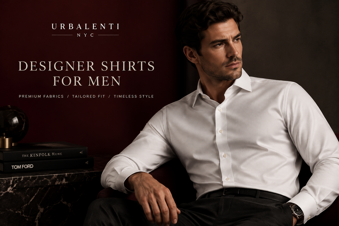 Sophisticated man wearing a white button-up shirt in a luxury interior, showcasing Men's Designer Shirts from the collection; Shop Men's Designer Shirts at Urbalenti NYC.