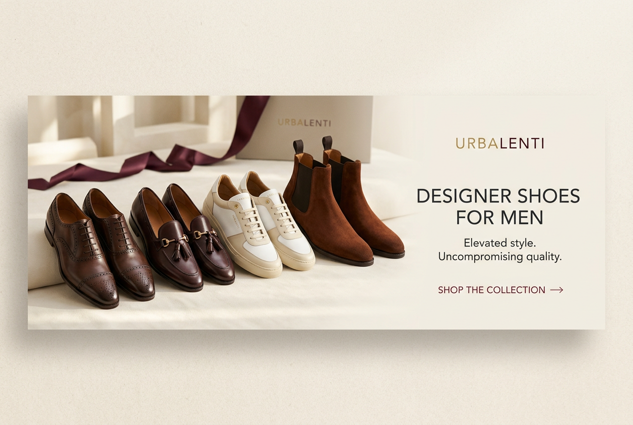 Designer Shoes for Men at Urbalenti featuring a curated collection of premium men's dress shoes, sneakers, and leather ankle boots in elegant neutral and burgundy tones.