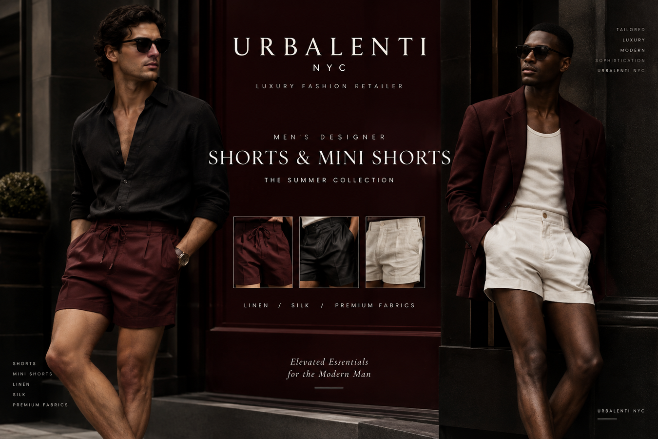 Designer Short and Mini Shorts for Men collection featuring stylish male models in burgundy, black, and cream tailored shorts; Shop Designer Short & Mini Shorts for Men at Urbalenti NYC.