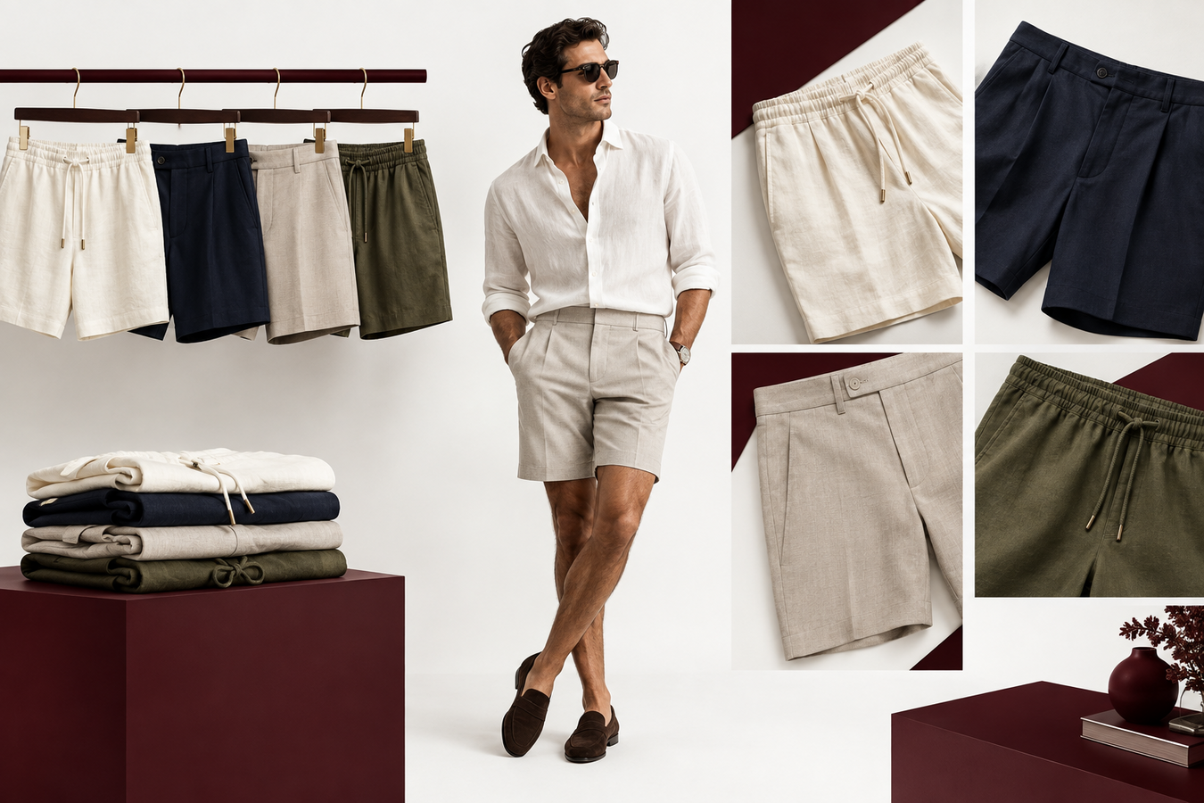 Designer Shorts for Men collection featuring a model in beige Bermuda shorts and assorted luxury cotton, linen, and cargo styles—Shop Designer Shorts for Men at Urbalenti NYC