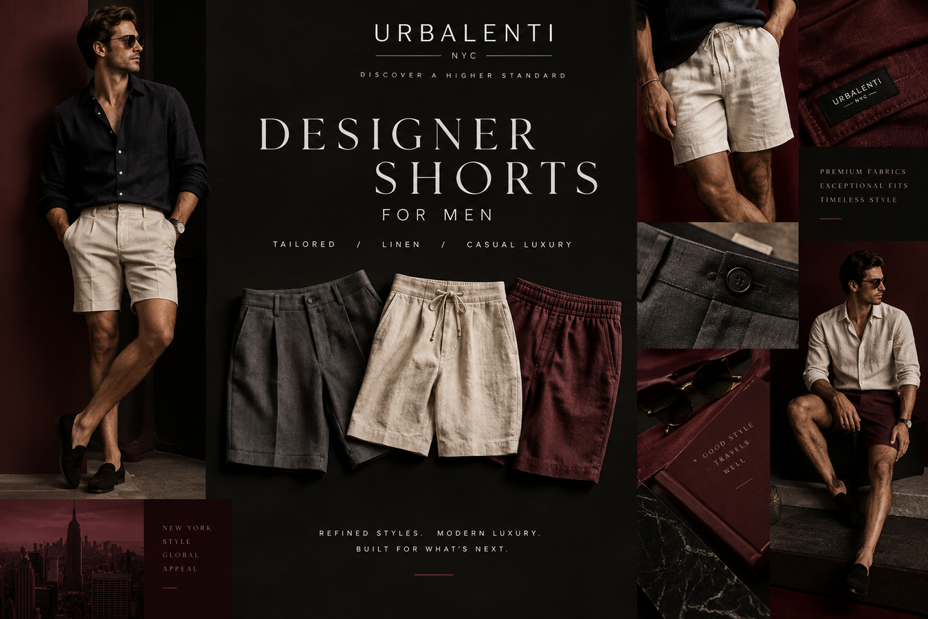 Men's Designer Shorts collection featuring luxury black, beige, gray, and burgundy shorts in a stylish editorial collage; Men's Designer Shorts: Shop Now at Urbalenti NYC.