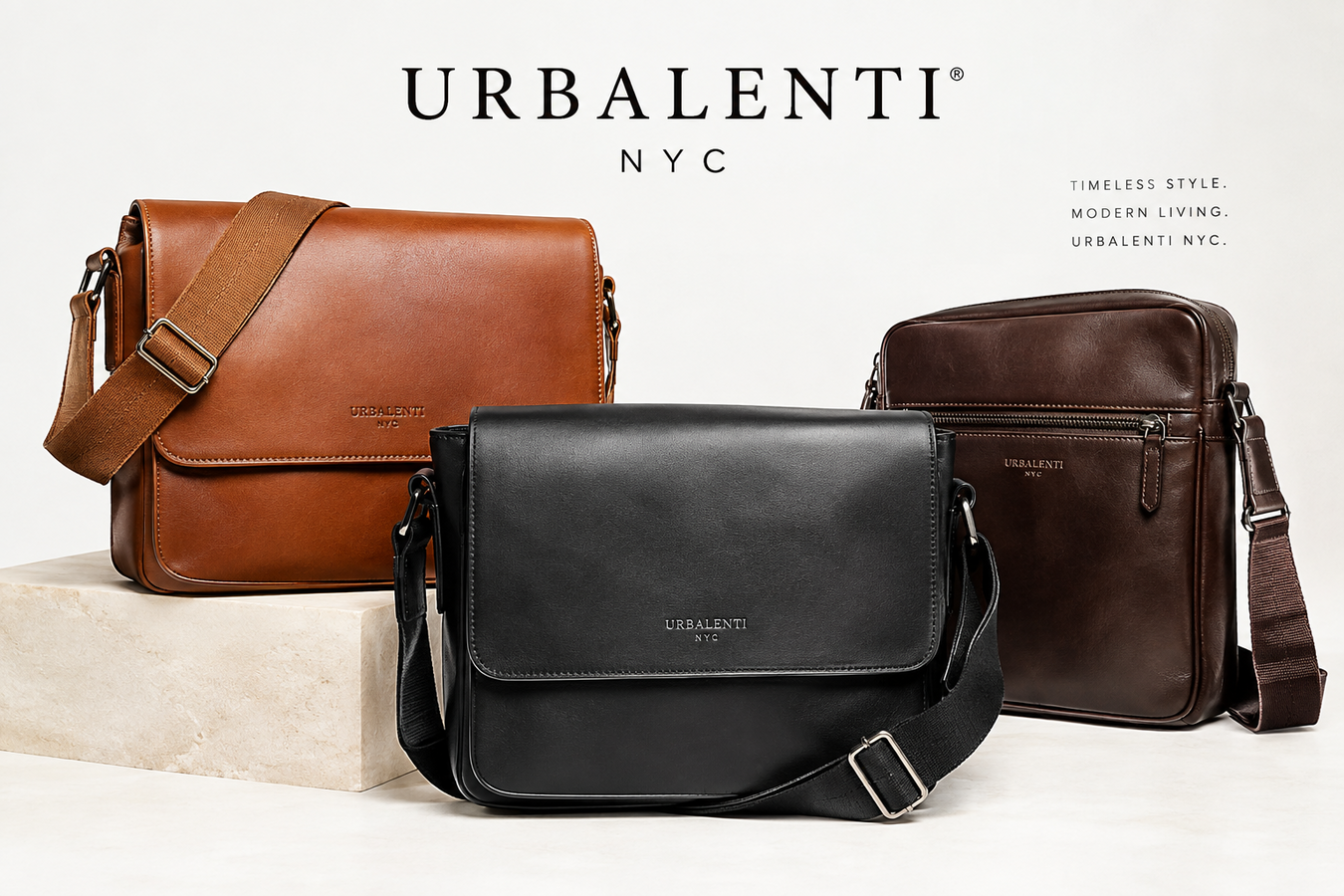 Three stylish leather shoulder bags in brown, black, and dark brown featuring the URBALENTI NYC logo—Designer Shoulder Bags for Men. Shop Designer Shoulder Bags for Men shipped from Italy with Duties Included on USA Orders by Urbalenti NYC.