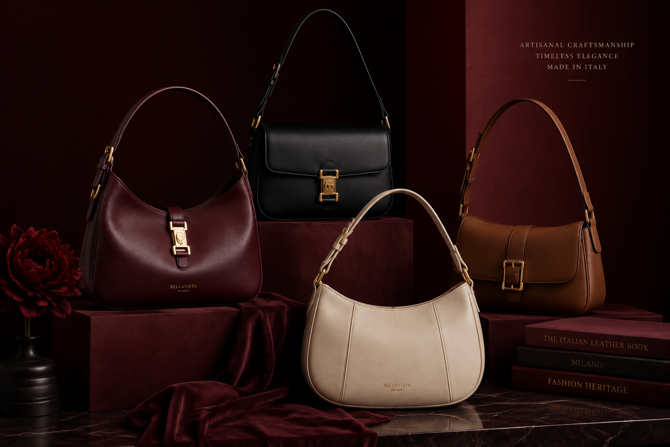 Designer Shoulder Bags for Women collection featuring burgundy, black, brown, and beige leather shoulder bags in a luxury display. Shop Designer Shoulder Bags for Women at Urbalenti NYC.