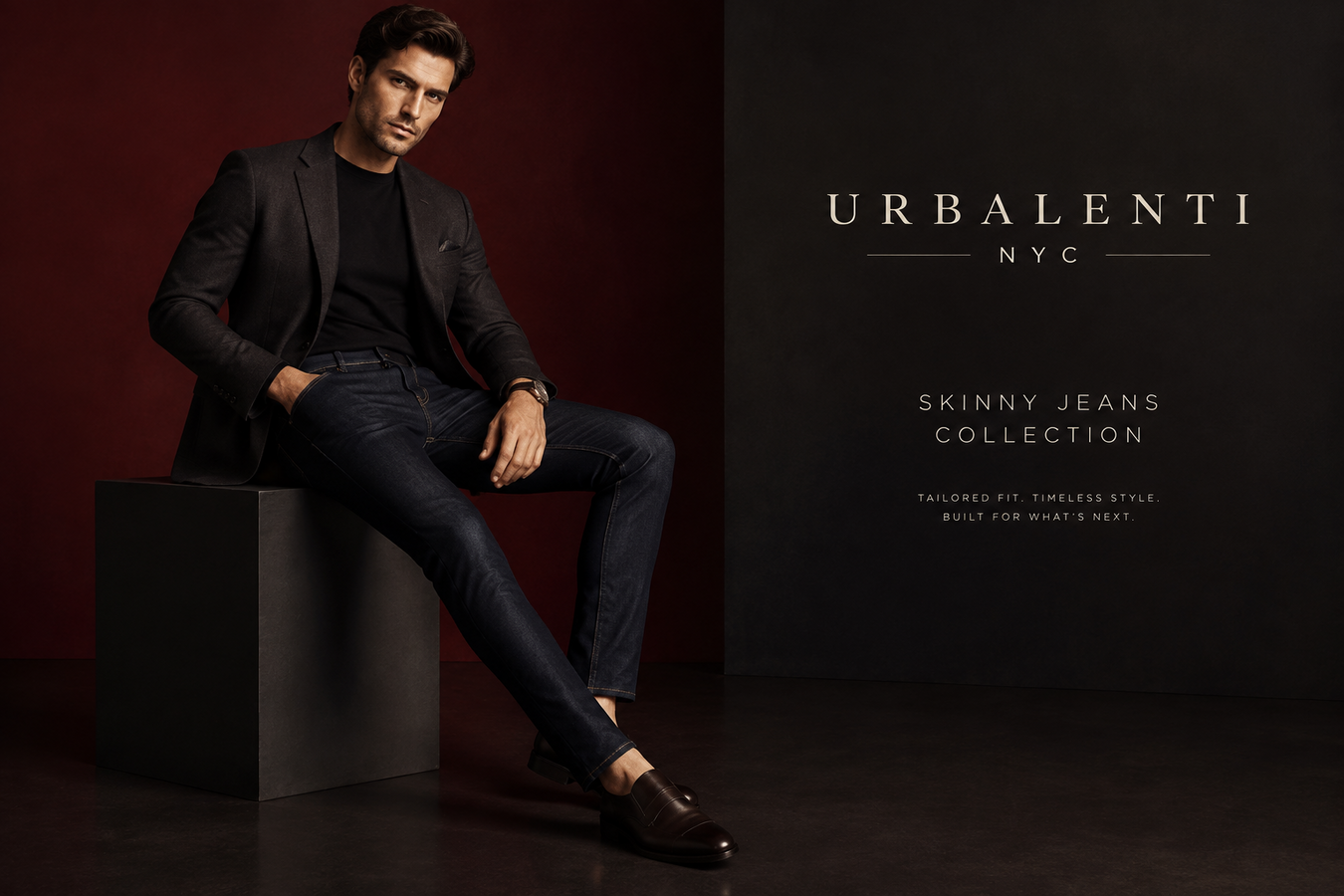 Designer Skinny Jeans for Men by Urbalenti NYC, featuring a model wearing dark blue skinny denim in a sophisticated fashion campaign. Shop Designer Skinny Jeans for Men at Urbalenti NYC.