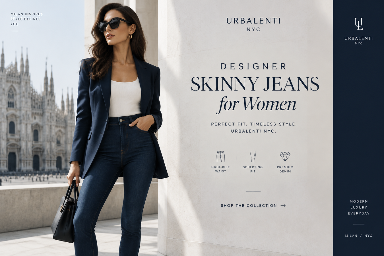 Woman wearing elegant navy skinny jeans with a tailored blazer and white top in a luxury city setting, showcasing Designer Skinny Jeans for Women | Shop at Urbalenti NYC.