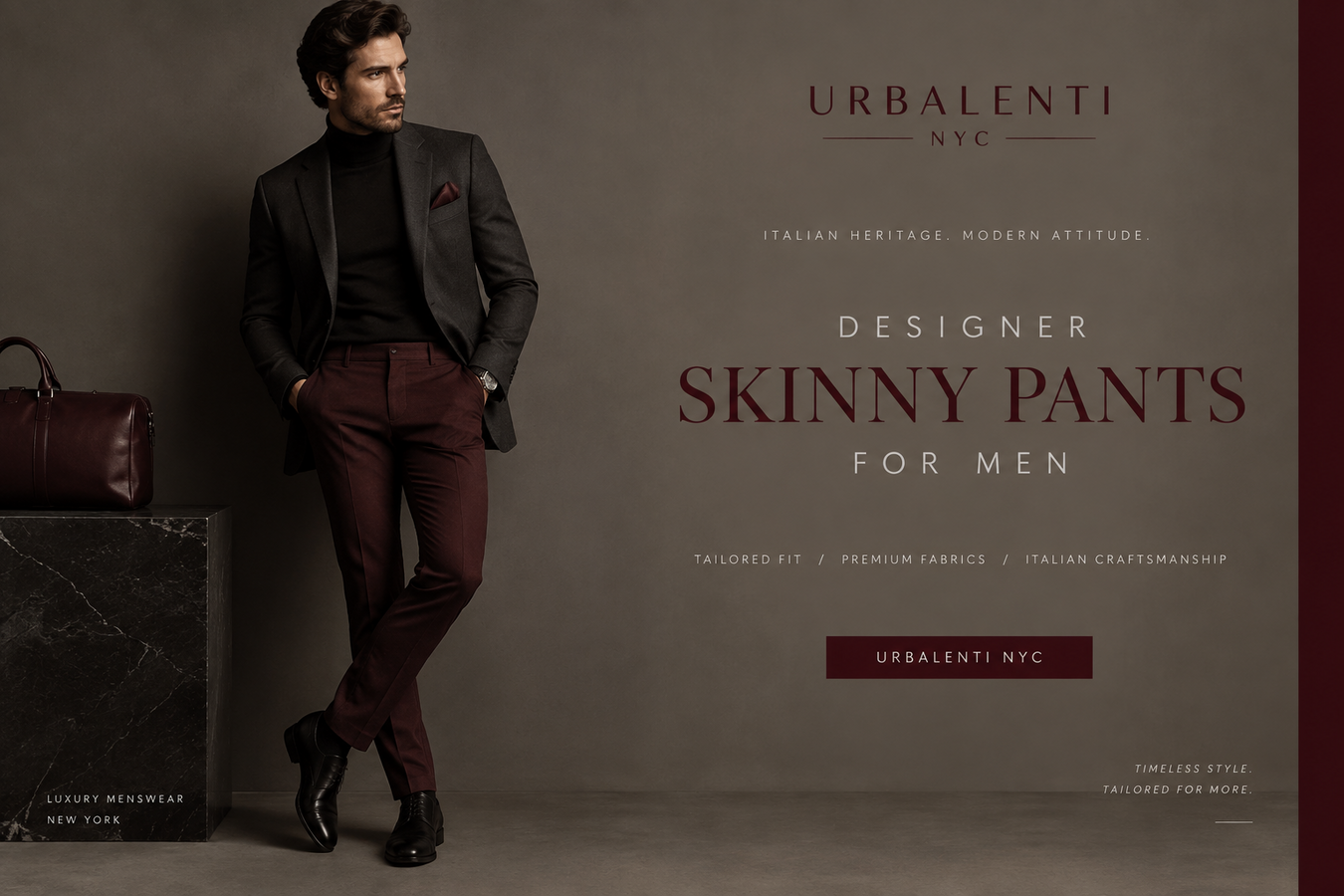 A stylish man wearing burgundy Designer Skinny Pants for Men with a black blazer and turtleneck in a sophisticated Urbalenti NYC setting. Shop Designer Skinny Pants for Men at Urbalenti NYC.