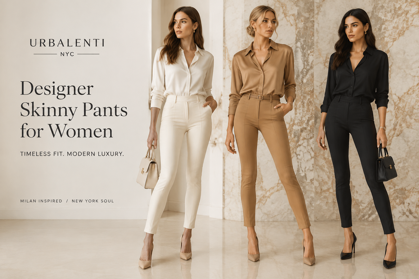 Three models wearing elegant white, tan, and black designer skinny pants in a luxury fashion setting — Designer Skinny Pants for Women | Shop at Urbalenti NYC