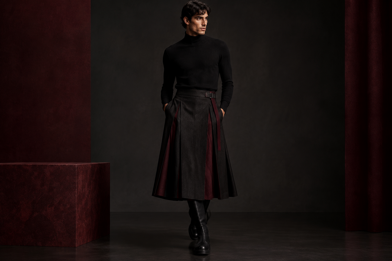 Men's Designer Skirts featuring a man in a black and burgundy long pleated skirt with black boots—Shop Men's Designer Skirts at Urbalenti NYC.