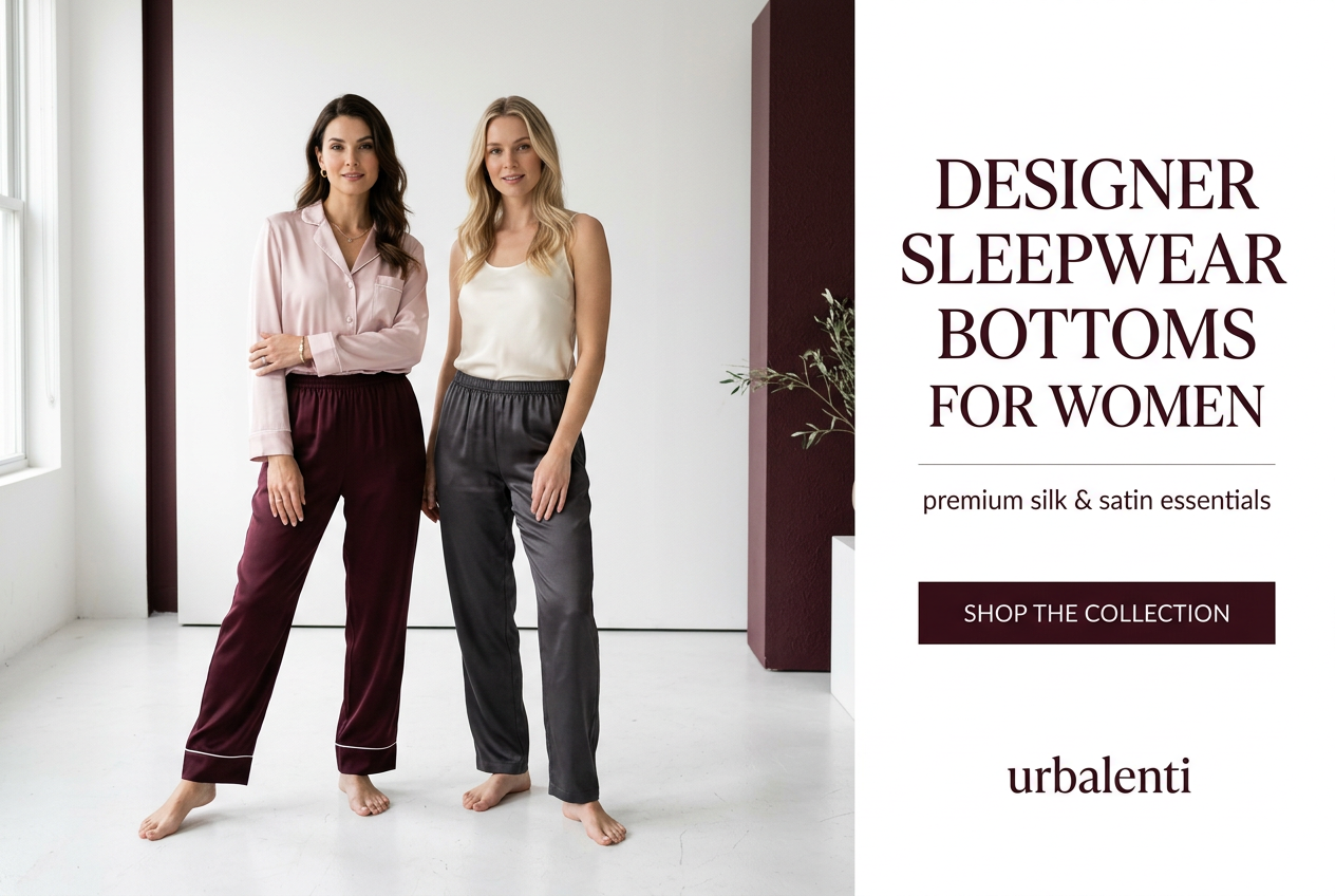 Designer Sleepwear Bottoms for Women at Urbalenti, featuring two women modeling premium silk and satin pajama pants in burgundy and charcoal gray.