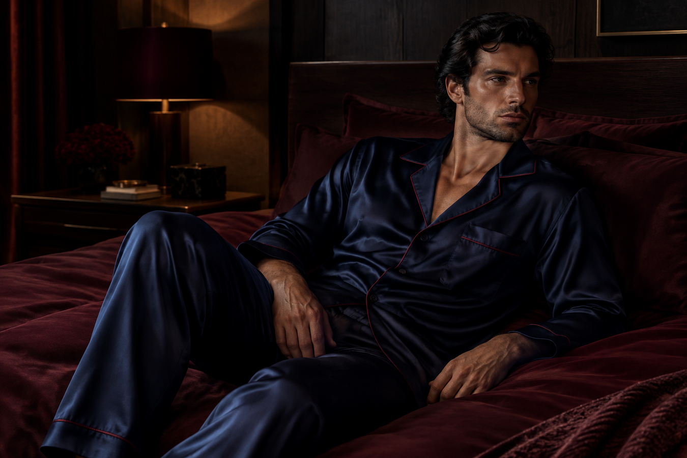 Man wearing luxurious navy satin pajamas relaxing on a bed, showcasing Men's Designer Sleepwear. Shop Men's Designer Sleepwear Today at Urbalenti NYC.