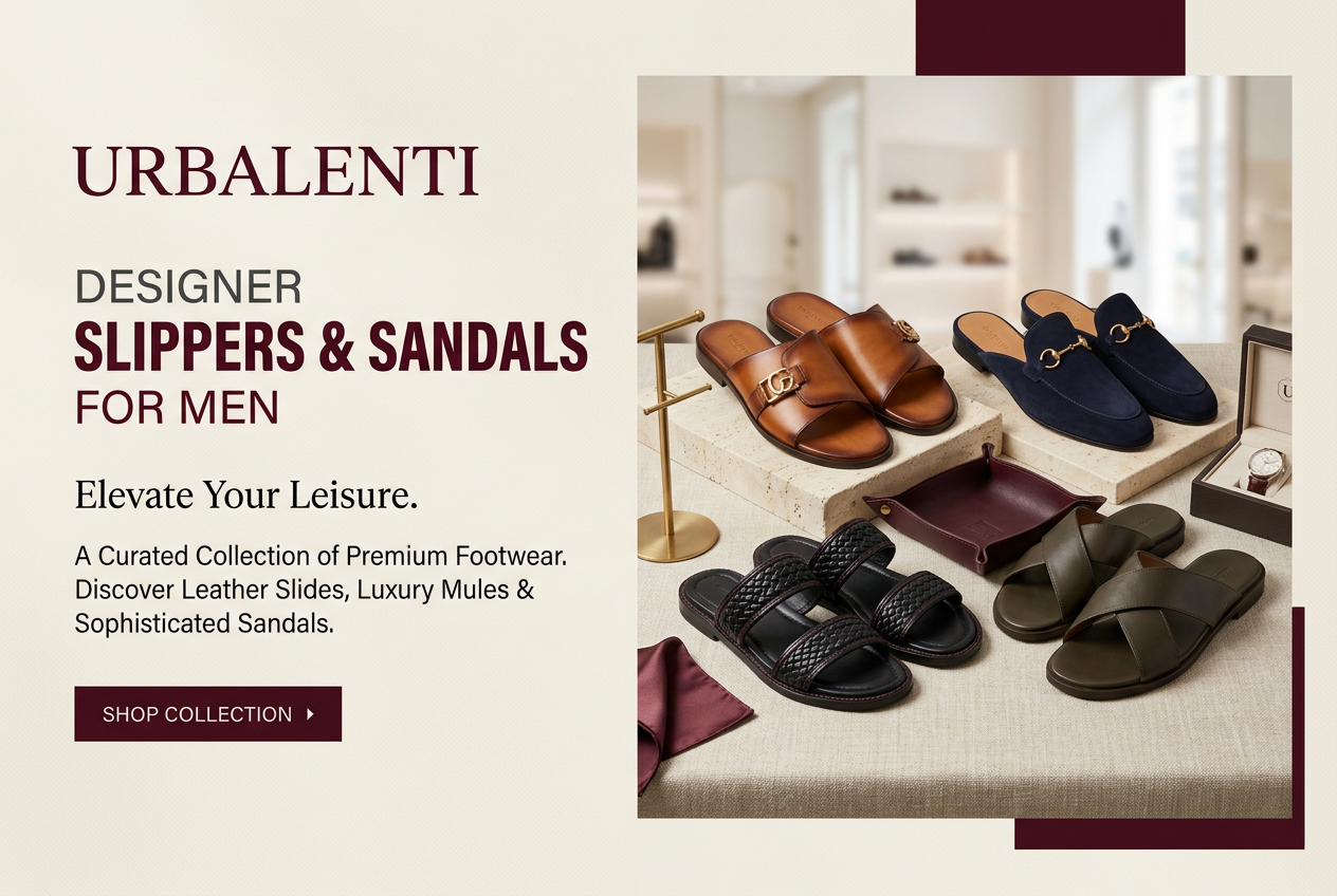 Designer Slippers Sandals for Men collection featuring premium leather, fabric, and rubber slides displayed in a stylish luxury setting—Shop Online Designer Slippers Sandals for Men at Urbalenti.