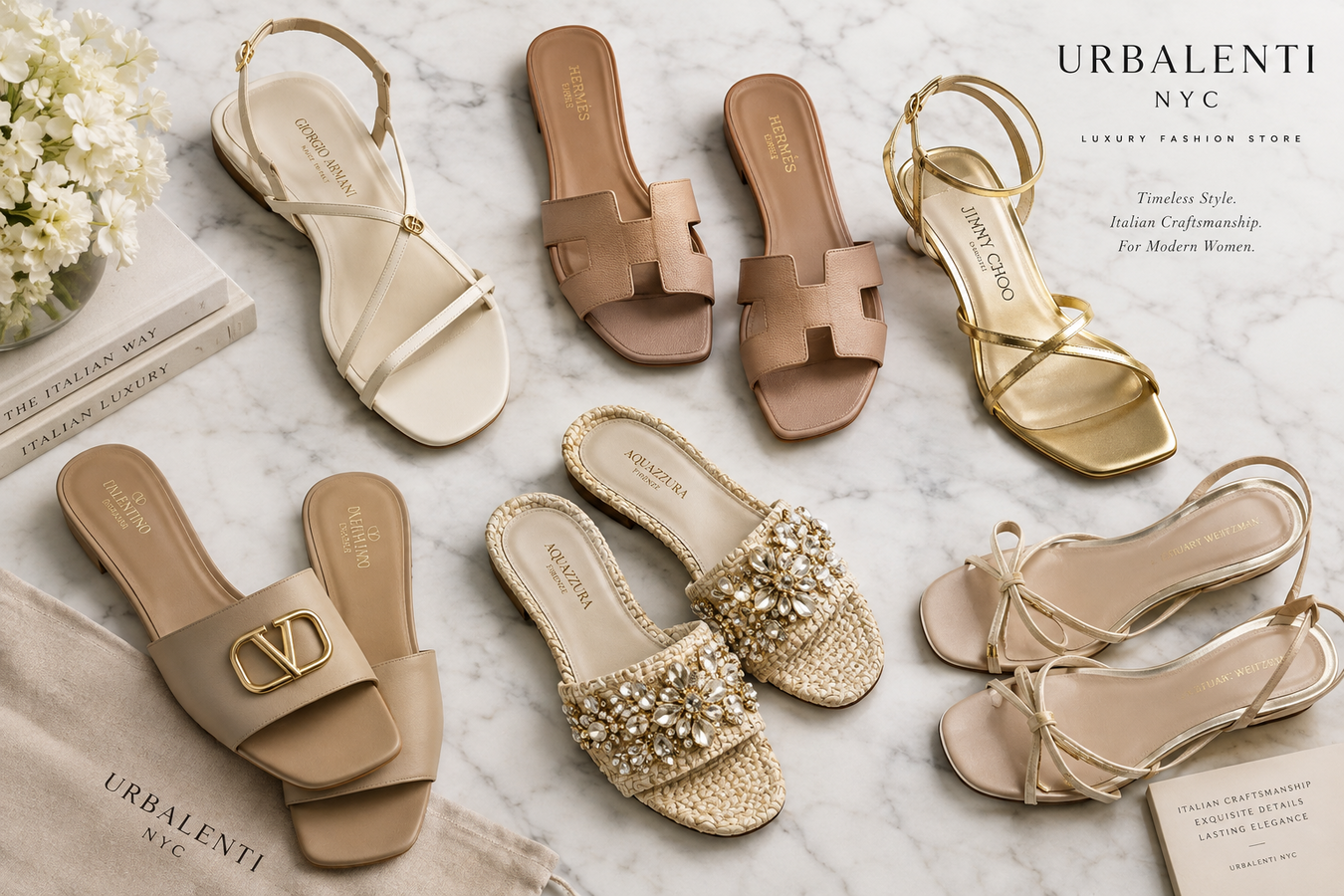 Luxury leather and embellished designer slippers sandals for women displayed on marble, featuring neutral, black, white, and gold styles. Designer Slippers Sandals for Women | Shop today at Urbalenti NYC